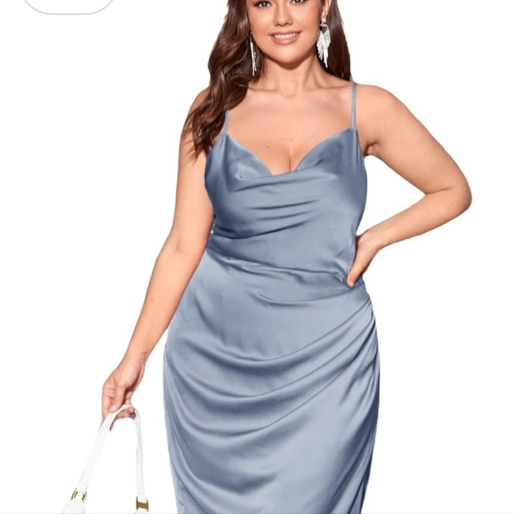 S O L D Gray Cowl Neck Ruched Spaghetti Strap Midi Dress size XL - Picture 1 of 12